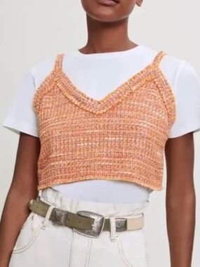 Maje Orange Tweed Cropped V‑Neck Tank - 1 (Medium)